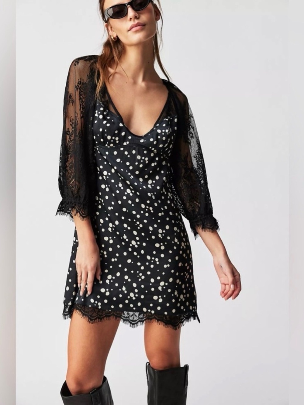 Free People About That Mini Dress XS Black White Polka Dot Lace Bell Sleeve NWT